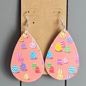 Easter Bunny Egg Earrings Faux Leather Teardrop Hook 2.89" Dangle Lightweight